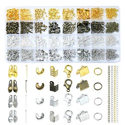 Mixed Color DIY Jewelry Making Finding Kit, Including Zinc Alloy Lobster Claw Clasps, Iron Open Jump Rings & Bead Tips & Eye Pins & Crimp Beads Covers & Ribbon Crimp Ends & Twisted Chains, Mixed Color, 4~30x4~6x0.7~4mm, Hole: 1.2~2mm