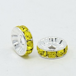 Citrine Brass Grade A Rhinestone Spacer Beads, Silver Metal Color, Nickel Free, Citrine, 10x4mm, Hole: 2mm