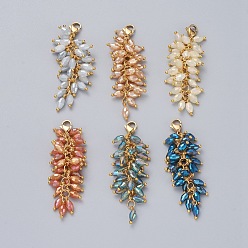 Mixed Color Electroplate Glass Cluster Beads Pendants, with 304 Stainless Steel Lobster Claw Clasps, Golden, Mixed Color, 60mm