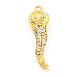 Real 18K Gold Plated Rack Plating Brass Micro Pave Cubic Zirconia Pendants, Long-Lasting Plated, Lead Free & Cadmium Free, Horn Charm, Real 18K Gold Plated, 30.5x9mm, Hole: 1.8mm