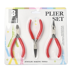 Red Steel Pliers Set, with Plastic Handles, including Side Cutter Pliers, Round Nose Plier, Needle Nose Wire Cutter Plier, Red, 113~126x48~52x6~10mm, 3pcs/set