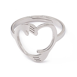 Color de Acero Inoxidable 201 anillo ajustable de corazón con abrazo de mano de acero inoxidable para mujer, color acero inoxidable, tamaño de EE. UU. 6 (16.5 mm)