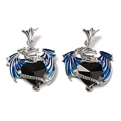 Obsidian Natural Obsidian Pendants, Faceted Heart Charms, with Rack Plating Platinum Plated Brass Enamel Dragon, 37mm, Pendant: 30.5x28.5x6.5mm, Hole: 3x3.5mm