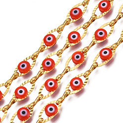 FireBrick Ion Plating(IP) 304 Stainless Steel Textured Oval Cable Chains, with Enamel Evil Eye Beads, with Spool, Unwelded, Real 18K Gold Plated, Nickel Free, FireBrick, 11x5.5x3mm, 7.5x3x1mm, about 32.81 Feet(10m)/Roll