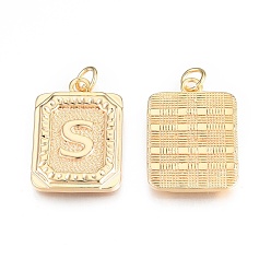Letter S Brass Pendants, with Jump Rings, Cadmium Free & Nickel Free & Lead Free, Rectangle with Letter, Real 18K Gold Plated, Letter.S, 22.5x16x2mm, Jump Ring: 5x1mm, 3mm inner diameter