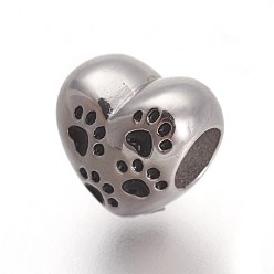 Argent Antique Rétro 316 perles de style européen en acier inoxydable chirurgical, Perles avec un grand trou   , coeur avec des empreintes de patte de chien, argent antique, 10.5x11.5x8mm, Trou: 4.5mm