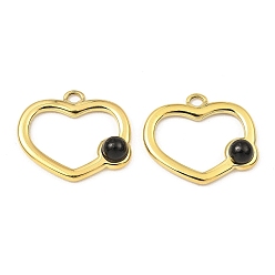 Black Agate Natural Black Agate Pendants, Ion Plating(IP) 316 Stainless Steel Heart Charms, Real 24K Gold Plated, 15.5x18x4mm, Hole: 1.6mm
