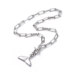 Stainless Steel Color Whale Tail 304 Stainless Steel Pendant Necklaces, with Paperclip Chains, Cable Chains, Stainless Steel Color, 17.9 inch(45.5cm)