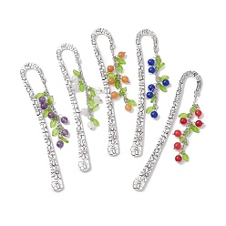 Mixed Stone Mixed Natural Gemstone Bead Pendant Bookmarks with Acrylic Leaf, Flower Pattern Alloy Bookmark, 124mm