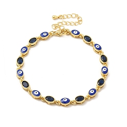 Medium Blue Enamel Evil Eye & Glass Oval Link Chain Bracelet, Golden Brass Jewelry for Women, Medium Blue, 7-1/4 inch(18.3cm)