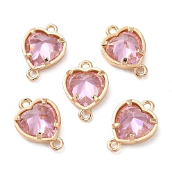 Light Rose K9 Glass Connector Charms, Heart Links with Golden Tone Brass Findings, Light Rose, 14x10x4.5mm, Hole: 1.2mm
