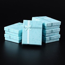 Небесно-голубой Картон комплект ювелирных изделий коробки, с внешними бантом и губкой внутри, для ожерелья и подвески, прямоугольные, голубой, 90x70x30 мм