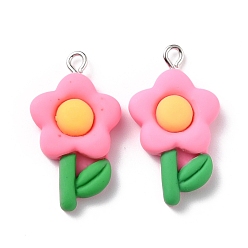 Hot Pink Resin Pendants, with Platinum Iron Peg Bail, Flower, Hot Pink, 31.5x17x6mm, Hole: 2mm
