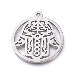 Stainless Steel Color 304 Stainless Steel Pendants, Manual Polishing, Flat Round with Hamsa Hand/Hand of Fatima/Hand of Miriam, Stainless Steel Color, 28.5x25.5x1.2mm, Hole: 1.8mm