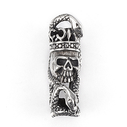 Antique Silver 304 Stainless Steel Beads, Column with Skull, Antique Silver, 32x10.5x13mm, Hole: 7mm