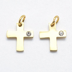 Real 18K Gold Plated 316 Surgical Stainless Steel Tiny Cross Charms, with Cubic Zirconia, Long-Lasting Plated, Clear, Real 18K Gold Plated, 12x11x2mm, Hole: 3mm