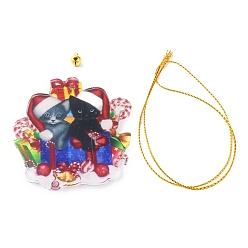Box Christmas Cat Shape Acrylic Pendant Decoration, with Nylon Rope and Iron Bell, for Car Rear View Mirror Hanging Ornament, Box, 77x74x4mm, Hole: 3mm