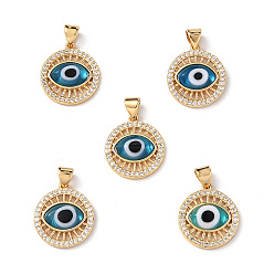 Aquamarine Lampwork Evil Eye Pendants with Clear Cubic Zirconia, Real 18K Gold Plated Brass Findings, Lead Free & Cadmium free, Aquamarine, 18x16x4mm, Hole: 3x3.5mm