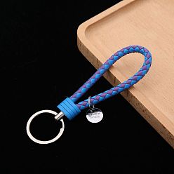 Dodger Blue PU Leather Knitting Keychains, Wristlet Keychains, with Platinum Tone Plated Alloy Key Rings, Dodger Blue, 12.5x3.2cm