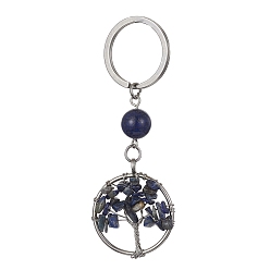 Lapis Lazuli Natural Lapis Lazuli Chips Flat Round with Tree of Life Kcychain, with 304 Stainless Steel Findings, 8cm