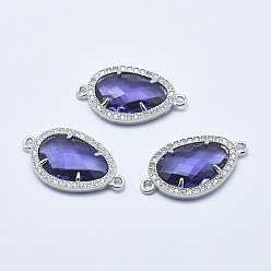 Mauve Brass Micro Pave Cubic Zirconia Links, with Glass, Faceted, Teardrop, Platinum, Mauve, 28x16x4.5mm, Hole: 1.6mm
