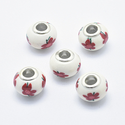 Rouge Perles européennes en pate polymère manuelles, avec noyaux en laiton plaqué couleur argent, Perles avec un grand trou   , rondelle avec motif de fleurs, rouge, 13~16x8~11mm, Trou: 4.5~5mm
