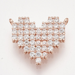 Or Rose Micro cuivres ouvrent pendentifs zircone cubique, cœur, clair, or rose, 14.5x16.5x2mm, Trou: 1mm
