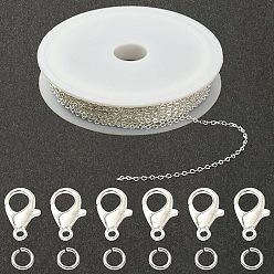 Argent Kit de fabrication de collier de bracelet de chaîne de bricolage, y compris les chaînes à maillons en cœur en laiton et les anneaux de saut ouverts, Fermoir mousqueton, fermoirs de homard en alliage de zinc , argenterie, chaîne: 3 m / ensemble