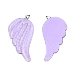 Lilac Translucent Resin Pendants, Wing Charms, with Platinum Plated Iron Loops and Glitter Powder, Lilac, 41x30x4mm, Hole: 2mm