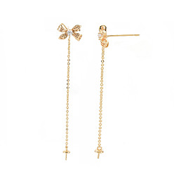 Real 18K Gold Plated Brass Micro Pave Clear Cubic Zirconia Stud Earring Findings, for Half Drilled Beads, Nickel Free, Bowknot, Real 18K Gold Plated, 65x11mm, Pin: 0.6mm, pin: 0.6mm (for Half Drilled Beads)
