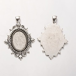Antique Silver Tibetan Style Alloy Pendant Cabochon Settings, Cadmium Free & Lead Free, Oval with Flower, Antique Silver, 56x38x2mm, Hole: 5x7mm, Tray: 18x25mm, about 121pcs/kg