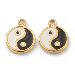 Golden Fashion 304 Stainless Steel Enamel Charms, Flat Round with Tai Ji, Golden, 13x10x2mm, Hole: 1.8mm