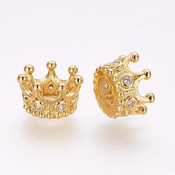 Doré  Micro cuivres ouvrent zircone cubique perles européennes, couronne, Perles avec un grand trou   , or, 9x7mm, Trou: 5mm