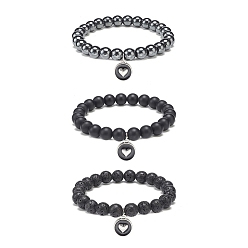 Black Agate 3Pcs 3 Style Natural Black Agate(Dyed) & Lava Rock & Synthetic Hematite Round Beaded Stretch Bracelets Set, Alloy Enamel Heart Charms Stackable Bracelets for Men Women, Inner Diameter: 2-1/8 inch(5.3cm), 1Pc/style