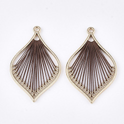 Saddle Brown Cotton Thread Woven Pendants, with Alloy Findings, Leaf, Golden, Saddle Brown, 43x26.5x2mm, Hole: 1.8mm