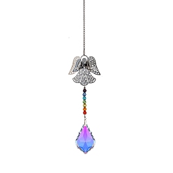 Leaf Glass Leaf Sun Catcher Hanging Prism Ornaments with Iron Angel, for Home, Garden, Ceiling Chandelier Decoration, 400mm