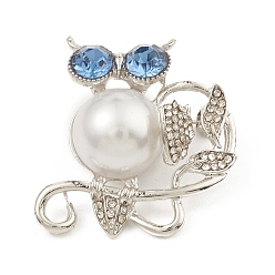 Plata Broche de búho con perlas de imitación de plástico ABS y diamantes de imitación, insignia de aleación para ropa de mochila, el color plateado de plata, 31.2x30x14.5 mm