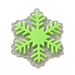 Vert Jaune Pendentifs acryliques, avec de la poudre de paillettes, charme de flocon de neige, vert jaune, 45x38x4mm, Trou: 1.4mm