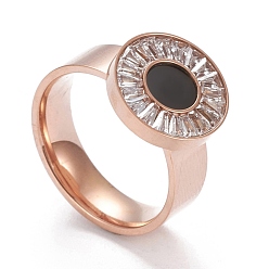 Oro Rosa 304 anillos de dedo del acero inoxidable, con un claro zirconia cúbico, plano y redondo, oro rosa, tamaño de 6~9, diámetro interior: 16.5~18.9 mm