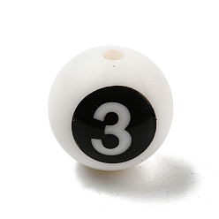 Blanc Rond avec chiffre noir 3 perles en silicone, perles à mâcher pour les jouets de dentition, Diy soins infirmiers colliers faisant, blanc, 14.5~15x14.5mm, Trou: 2mm