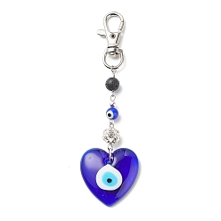 Heart Handmade Lampwork Evil Eye Pendant Decoration, Natural Lava Rock Round Bead & Lobster Clasp Charms, for Keychain, Purse, Backpack Ornament, Heart, 125mm