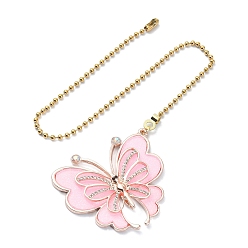 Pink Butterfly Alloy Rhinestone Ceiling Fan Pull Chain Extenders, with 304 Stainless Steel Ball Chains, Pink, 367mm