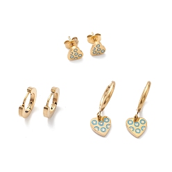 Golden 3 Pairs 3 Style Enamel Heart with Ring Dangle Hoop Earrings, Ion Plating(IP) 304 Stainless Steel Stud Earrings for Women, Golden, 7~27mm, Pin: 1mm, 1 Pair/style