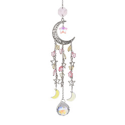 Rose Chaud Décoration de pendentif en verre, avec breloque lune creuse et étoile en alliage, pour la décoration, rose chaud, 265mm
