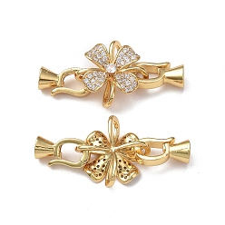Real 18K Gold Plated Rack Plating Flower Brass Pave Clear Cubic Zirconia Fold Over Clasps, Cadmium Free & Lead Free, Long-Lasting Plated, Real 18K Gold Plated, Flower: 17x17x6mm, Clasp: 12x7x5.5mm, Inner Diameter: 3.5mm