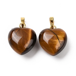 Tiger Eye Natural Tiger Eye Pendants, with Golden Tone Brass Findings, Heart Charm, 18x15~15.5x6~8mm, Hole: 6x3mm