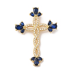 Dark Blue Rack Plating Brass Pave Cubic Zirconia Pendants, Cross Charms, Long-Lasting Plated, Cadmium Free & Lead Free, Real 18K Gold Plated, Dark Blue, 36x25x6mm, Hole: 4x2mm
