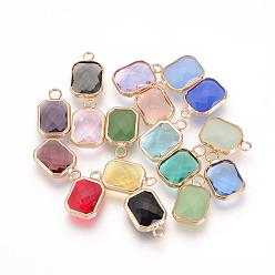 Mixed Color Glass Pendants, with Brass Findings, Faceted, Octagon, Mixed Color, 14x8.5x3.5mm, Hole: 2mm