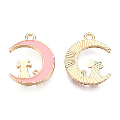 Pink Alloy Enamel Kitten Pendants, Light Gold, Crescent Moon with Cat Shape, Pink, 20.5x16x2mm, Hole: 1.8mm