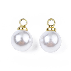 Blanc Pendentifs en plastique imitation perle abs, avec les accessoires en laiton, ronde, blanc, 9x6mm, Trou: 1.5mm